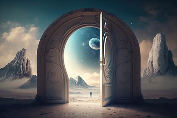 The door opened, revealing a magical landscape beyond, as if one were being teleported to another realm, Generative AI