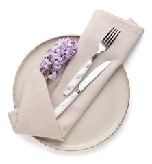 Wall Mural - Table setting with cutlery and hyacinth flowers isolated on white background