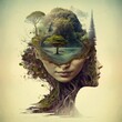 relaxing mind abstract double exposure, calm green nature earth with human head, generative ai