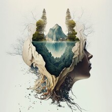Relaxing Mind Abstract Double Exposure, Calm Green Nature Earth With Human Head, Generative Ai, Art