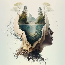 Relaxing Mind Abstract Double Exposure, Calm Green Nature Earth With Human Head, Generative Ai, Tree Roots
