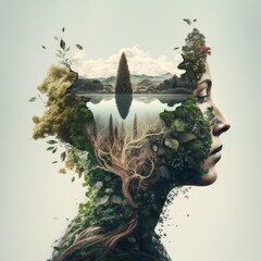 Wall Mural - relaxing mind abstract double exposure, calm green nature earth with human head, generative ai