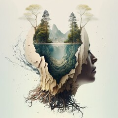 relaxing mind abstract double exposure, calm green nature earth with human head, generative ai, tree
