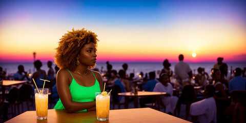 Young beautiful  lady sitting with alcohol cocktail in the beach cafe. Defocused background of cafe with unrecognizable people. Purely AI generated image, this person is not existing.