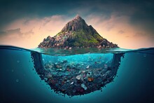 Conceptual Image Of An Island Of Garbage Floating In The Ocean. Generative AI