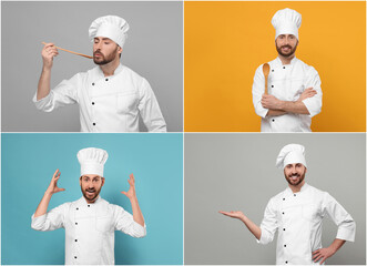 Wall Mural - Chef in uniform on different color backgrounds, collage design