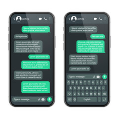 Realistic smartphone with messaging app. SMS text frame. Conversation chat screen with green message bubbles and placeholder text. Dark mode. Social media application. Vector illustration