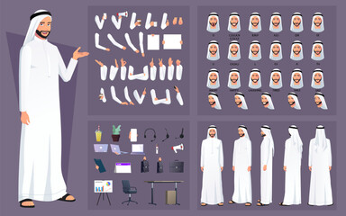 Arab Muslim Man Character Constructor Kit with Various face Poses, Animation Ready, body parts, lip-sync and Business Accessories