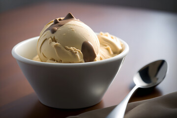 Bowl of delicious coffee ice cream on dark background. Generative ai and digital editing.