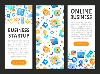 Poster - Business startup landing page. Development, planning, research. Online business, finance and marketing website interface vector