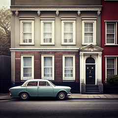 Wall Mural - Minimalistic detail nostalgic  house, vintage car parked 