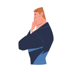 Wall Mural - Thoughtful businessman. Strong muscular boss character in blue suit thinking and creating new idea cartoon vector illustration