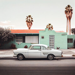 Wall Mural - Minimalistic detail nostalgic  house, vintage car parked 