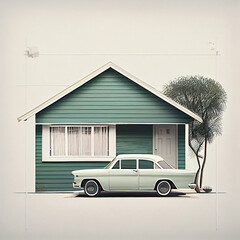 Wall Mural - Minimalistic detail nostalgic  house, vintage car parked 