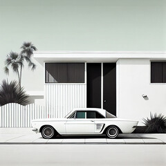 Wall Mural - Minimalistic detail nostalgic  house, vintage car parked 