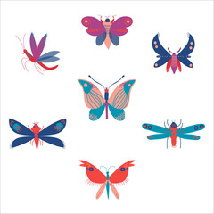 Sticker - Set of flying insects. Butterfly, mosquito, dragonfly insect cartoon vector Illustration