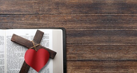 Poster - Holy Bible book on the table with Cross and heart