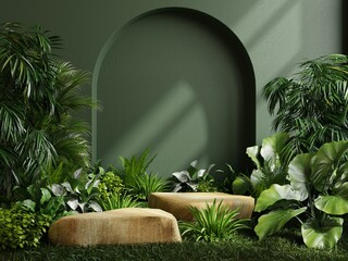 Two podium stone in tropical forest for product presentation and green wall.