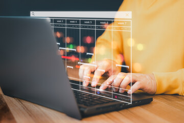 Poster - Man working with technology computer in business analytics and data management system to make report with KPI and metrics connected to database. Corporate strategy for operations, planing, marketing.
