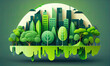 Ecology concept with green eco city on nature background, generative AI