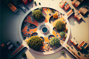 Poster - Top down view of a conceptual harmony city, organic shapes, tilt-shift, minimalist,  walkways, people, European cities of the future, nature meets urban design