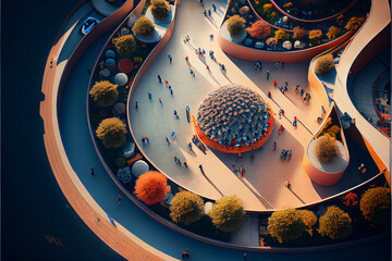 Wall Mural - Top down view of a conceptual harmony city, organic shapes, tilt-shift, minimalist,  walkways, people, European cities of the future, nature meets urban design