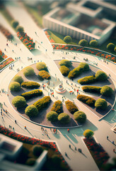 Poster - Top down view of a conceptual harmony city, organic shapes, tilt-shift, minimalist,  walkways, people, European cities of the future, nature meets urban design