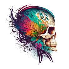 Abstract Skull Made Of Bright Paint Splatter And Colorful Feathers. Ornamental Vector Illustration Based On A Mix Of WPAP And Pop Art Styles.