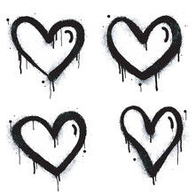Set Of Graffiti Hearts Signs Spray Painted In Black On White. Love Heart Drop Symbol. Isolated On White Background. Vector Illustration