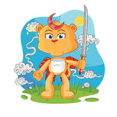 Sticker - lioness samurai cartoon. cartoon mascot vector