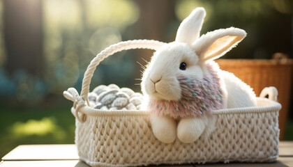A White, Pink, and Blue Stuffed Animal Rabbit in a Knitting Basket - Made with Generative AI
