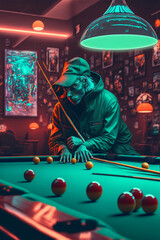 billiard balls on a table, man playing pool, made with generative AI	