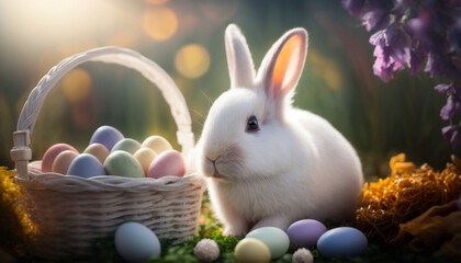 Wall Mural - A White Rabbit with a White Easter Basket Full of Pastel Eggs - Made with Generative AI