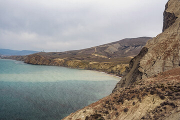 Sticker - View of Dead Bay and picturesque hills from Cape Chameleon in surroundings of Koktebel. Crimea