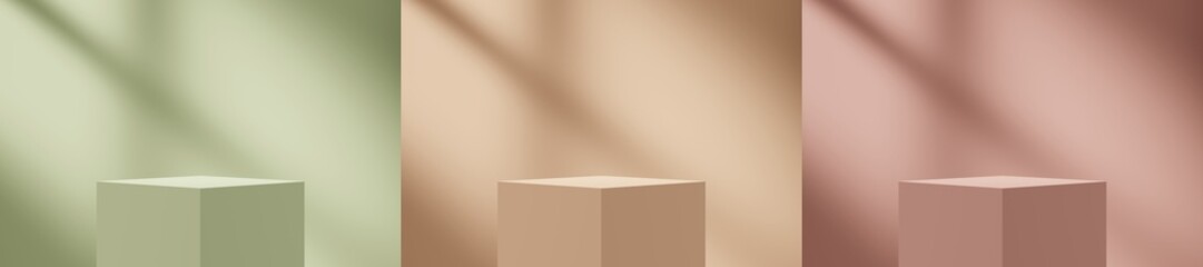 Fototapete - Set of pastel 3d mockup scene with natural lighting through window on background. 3d pedestal podium with empty space for product or text display presentation. 3d render illustration.