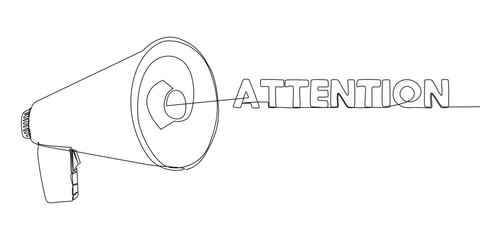 Poster - One continuous line of Megaphone with Attention text. Thin Line Illustration vector concept. Contour Drawing Creative ideas.