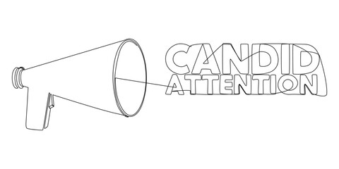 Poster - One continuous line of Megaphone with Candid Attention text. Thin Line Illustration vector concept. Contour Drawing Creative ideas.