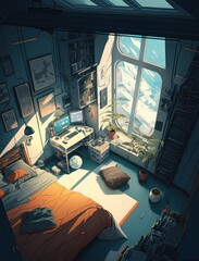 Wall Mural - illustration cartoon design of a bed's room astronaut's in the spaceship and window view of planet e