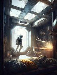 Wall Mural - illustration cartoon design of a crowded astronaut's sitting bedroom in the spaceship and looking ou