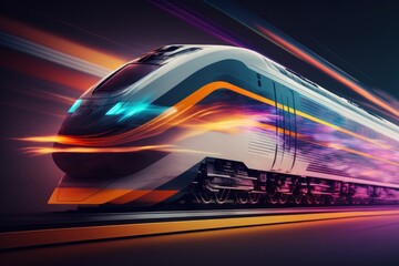 Wall Mural - a futuristic train is moving along a city street with long exposures of the lights on the train and 