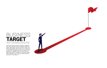 Poster - Silhouette of businessman point finger on route path to red flag at goal. Concept of people ready to start career and business to success.