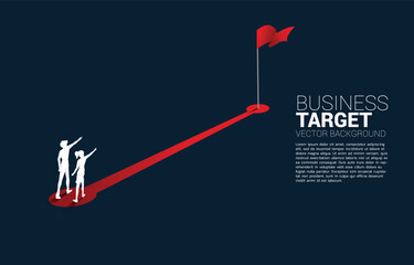 Poster - Silhouette of businessman and businesswoman point finger on route path to red flag at goal. Concept of people ready to start career and business to success.