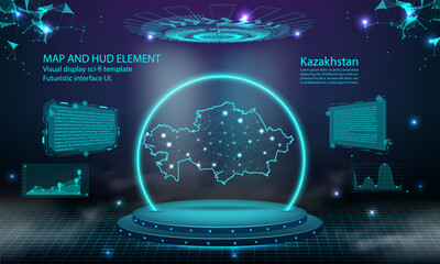 kazakhstan map light connecting effect background. abstract digital technology UI, GUI, futuristic HUD Virtual Interface with kazakhstan map. Stage futuristic podium in fog.