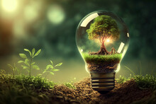Tree Growing In Light Bulb With Sunshine In Nature. Saving Energy And Eco Concept. Earth Hour. Generative AI.