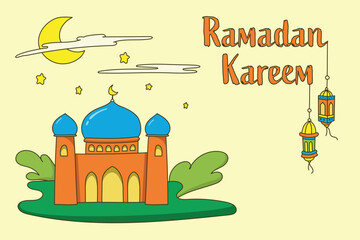 Sticker - mosque ramadan concept hand drawn design with moon and hanging lantern