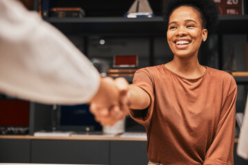 Aufkleber - Handshake, interview and black woman meeting an employee for a deal, thank you or partnership. Business, hr and African professional shaking hands with a corporate partner for a welcome or promotion