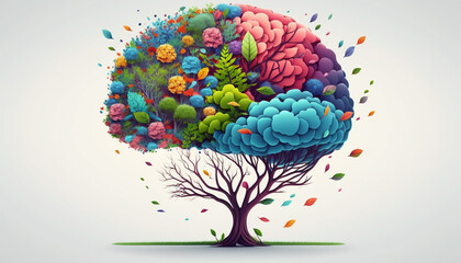 Human brain tree with flowers, self care and mental health concept, positive thinking, creative mind. Generative AI.