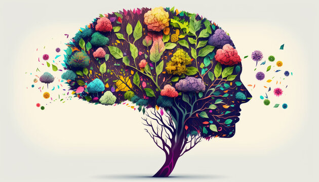 human brain tree with flowers, self care and mental health concept, positive thinking, creative mind