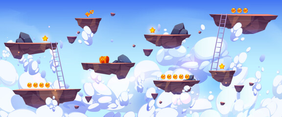 Poster - Flying rock islands vector game background sky landscape. 2d ui level map with floating platform, gold goin, ladders on blu sky with white clouds. Cartoon arcade videogame world asset design