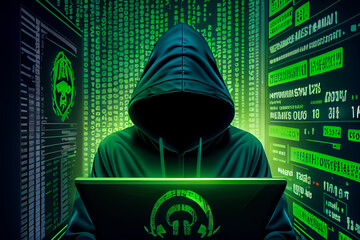Poster - hooded hacker on green code background. Generative AI
